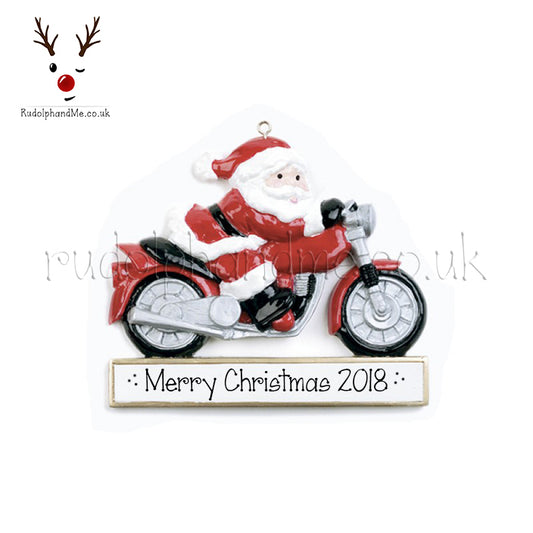 Santa on a motorbike – Personalised Christmas Tree Ornament