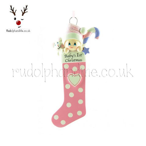 A Personalised Gift from Rudolphandme.co.uk for Baby'S First Christmas On Pink Stocking