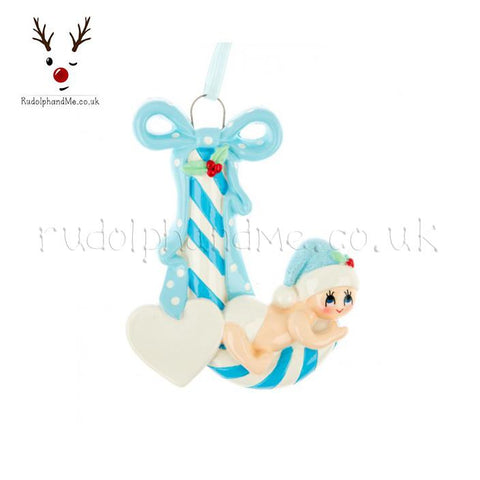 Baby On Blue Candy Cane- A Personalised Christmas Gift from Rudolphandme.co.uk