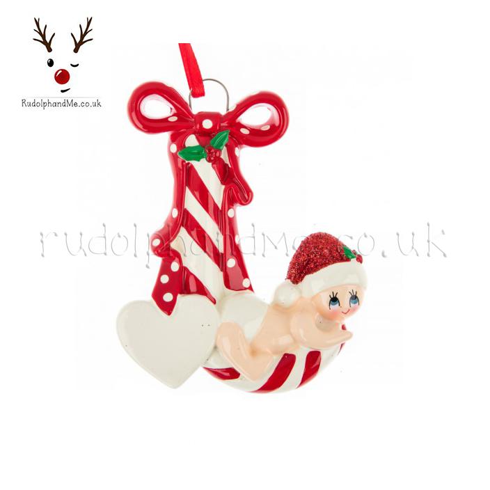 Baby on Red Candy Cane First Christmas Ornament – Personalised Christmas Tree Ornament