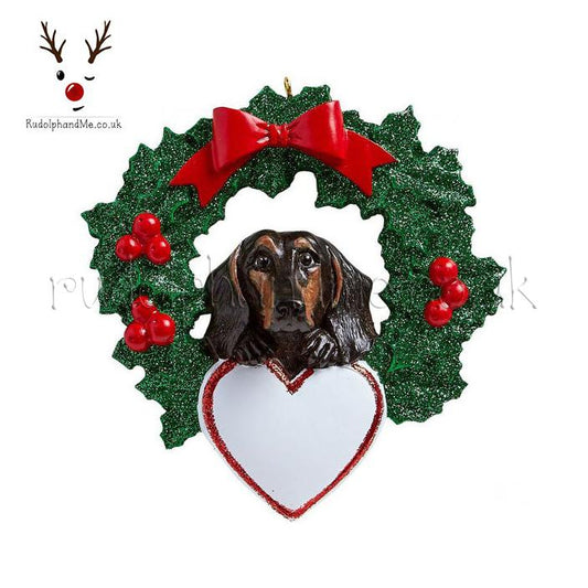 Black Dashshund With Wreath – Personalised Christmas Tree Ornament