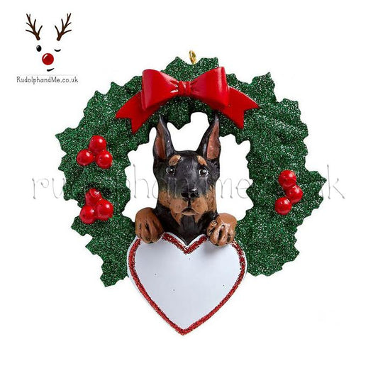 Doberman Pinscher With Wreath – Personalised Christmas Tree Ornament