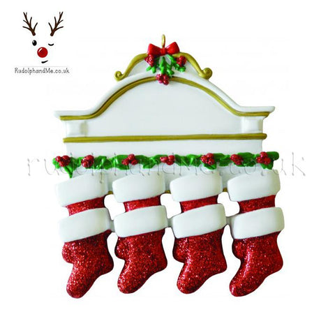 A Personalised Gift from Rudolphandme.co.uk for Eight Stockings Hanging On Mantlepiece