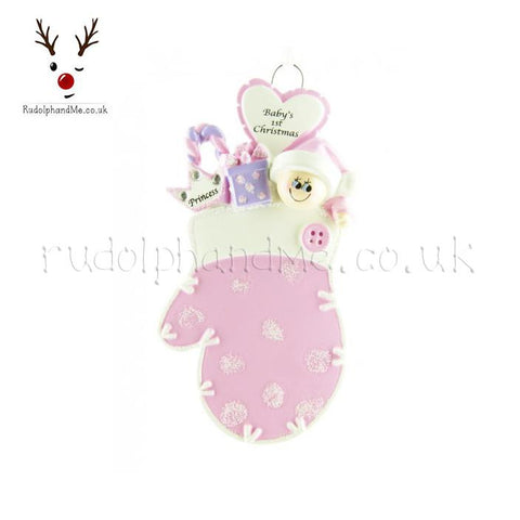 Pink  Babys First Christmas Mitten- A Personalised Christmas Gift from Rudolphandme.co.uk
