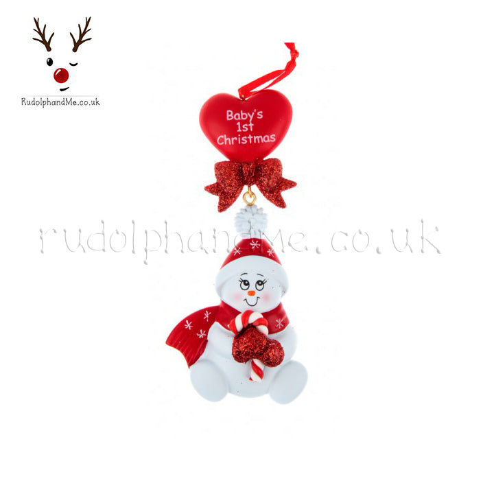 Red Sitting Snowman Baby'S First Christmas – Personalised Christmas Tree Ornament
