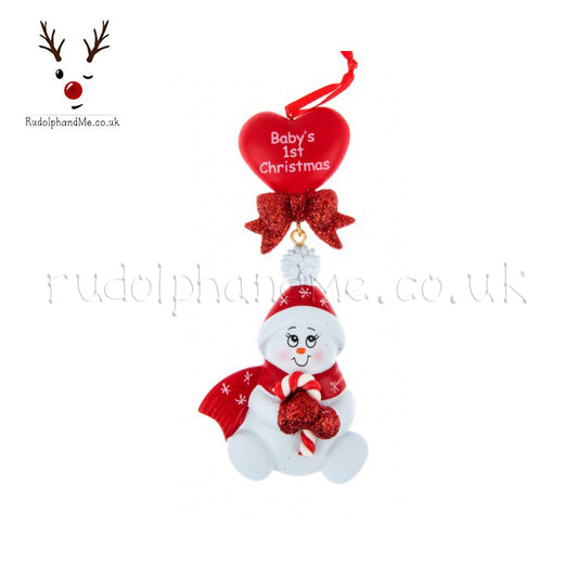 Red Sitting Snowman Baby'S First Christmas – Personalised Christmas Tree Ornament