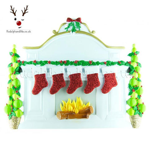 Table Top White Mantle With Five Hanging Stockings- A Personalised Christmas Gift from Rudolphandme.co.uk