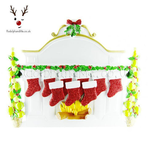 Table Top White Mantle With Nine Hanging Stockings- A Personalised Christmas Gift from Rudolphandme.co.uk