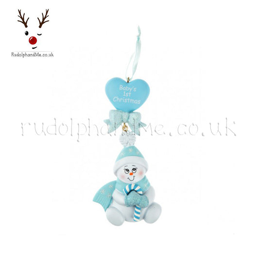 Blue Sitting Snowman Baby'S First Christmas – Personalised Christmas Tree Ornament