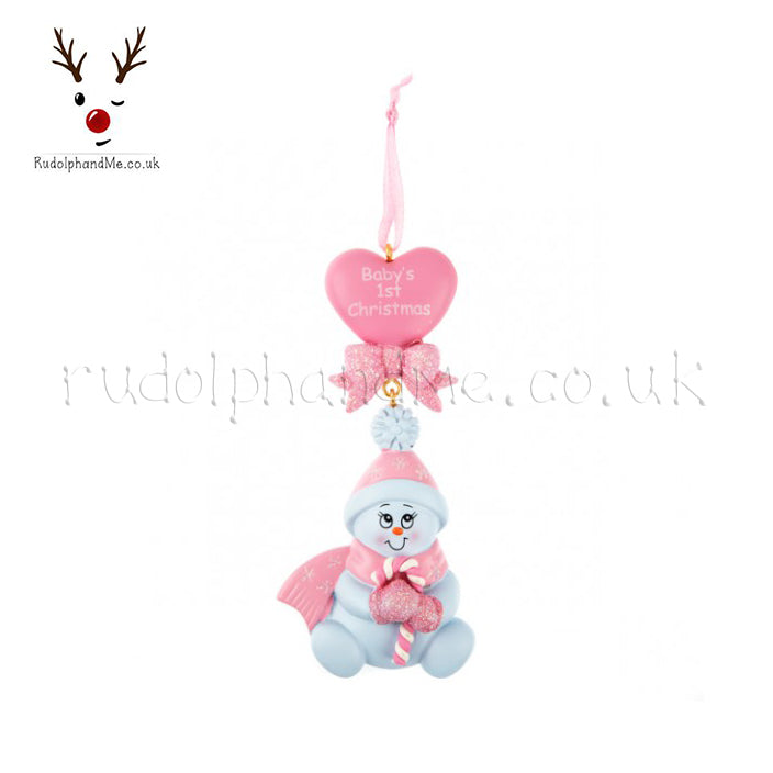 Pink Sitting Snowman Baby'S First Christmas – Personalised Christmas Tree Ornament