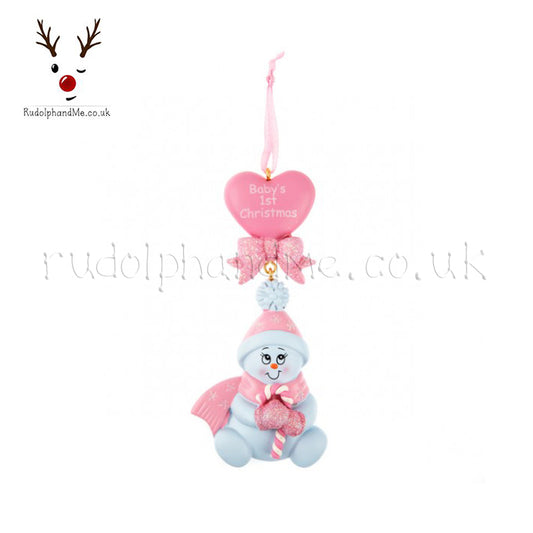 Pink Sitting Snowman Baby'S First Christmas – Personalised Christmas Tree Ornament